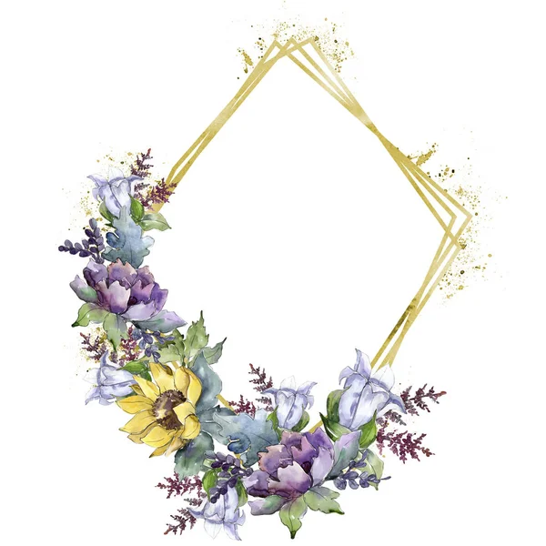 Flores de buquê aquarela. Floral flor botânica. Quadro borda ornamento quadrado . — Fotografia de Stock