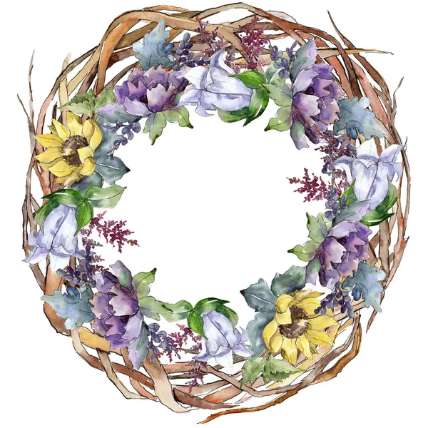 Suluboya buket çiçek. Botanik çiçek. Çerçeve kenarlığı süsleme Meydanı.