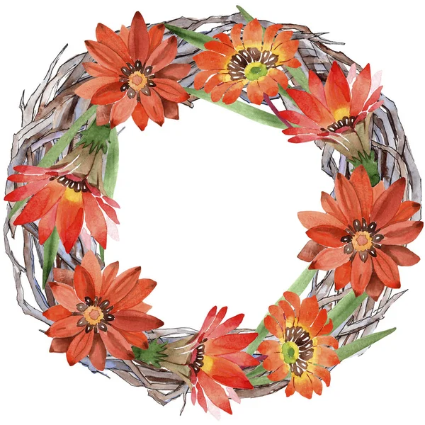 Sulu boya turuncu gazania çiçekler. Botanik çiçek. Çerçeve kenarlığı süsleme Meydanı.