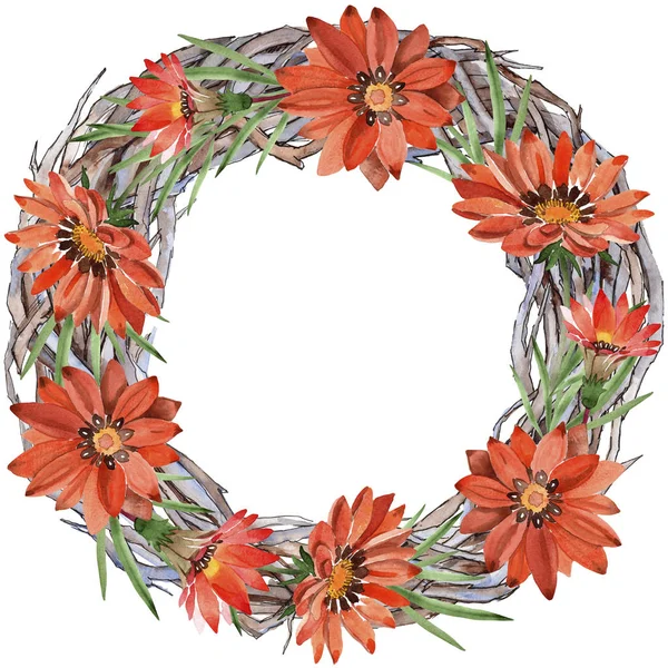 Sulu boya turuncu gazania çiçekler. Botanik çiçek. Çerçeve kenarlığı süsleme Meydanı. Arka plan, doku, sarıcı desen, çerçeve veya kenarlık için Aquarelle kır çiçeği.