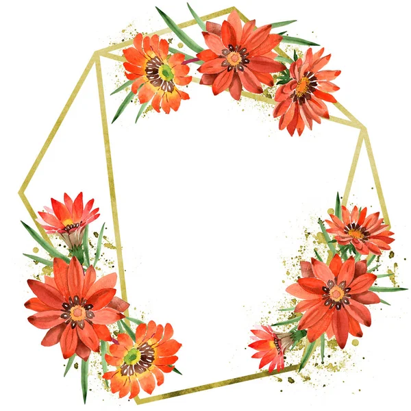 Sulu boya turuncu gazania çiçekler. Botanik çiçek. Çerçeve kenarlığı süsleme Meydanı.