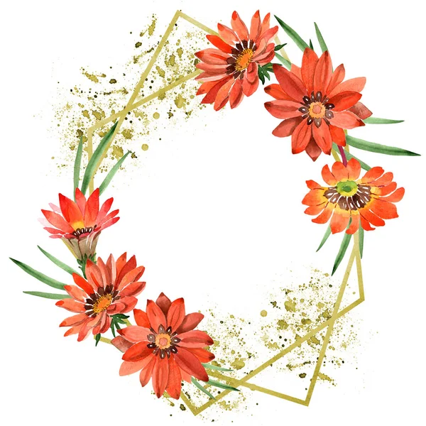 Sulu boya turuncu gazania çiçekler. Botanik çiçek. Çerçeve kenarlığı süsleme Meydanı.