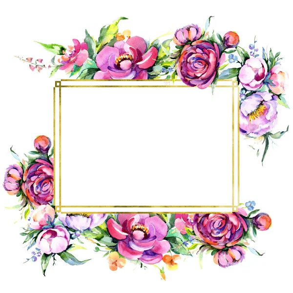 Aquarell Strauß rosa Pfingstrose fließt. Blütenbotanische Blume. Rahmen Rand Ornament Quadrat. — Stockfoto