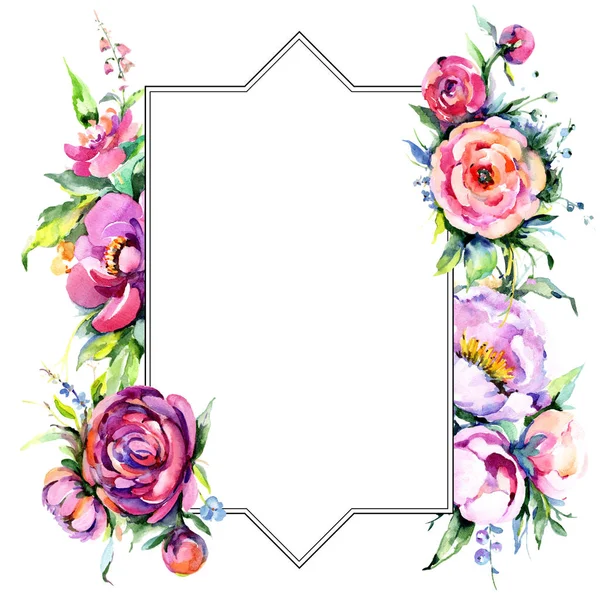 Buquê aquarela fluxos peônia rosa. Floral flor botânica. Quadro borda ornamento quadrado . — Fotografia de Stock