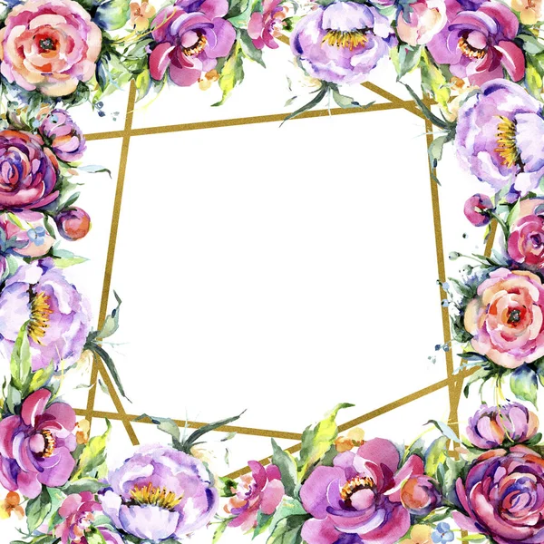 Buquê aquarela fluxos peônia rosa. Floral flor botânica. Quadro borda ornamento quadrado . — Fotografia de Stock