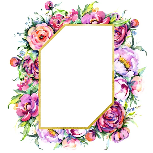 Buquê aquarela fluxos peônia rosa. Floral flor botânica. Quadro borda ornamento quadrado . — Fotografia de Stock