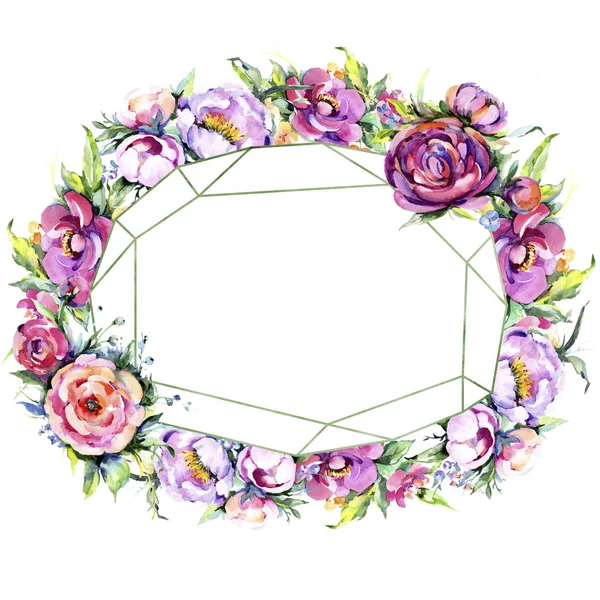 Aquarell Strauß rosa Pfingstrose fließt. Blütenbotanische Blume. Rahmen Rand Ornament Quadrat. — Stockfoto