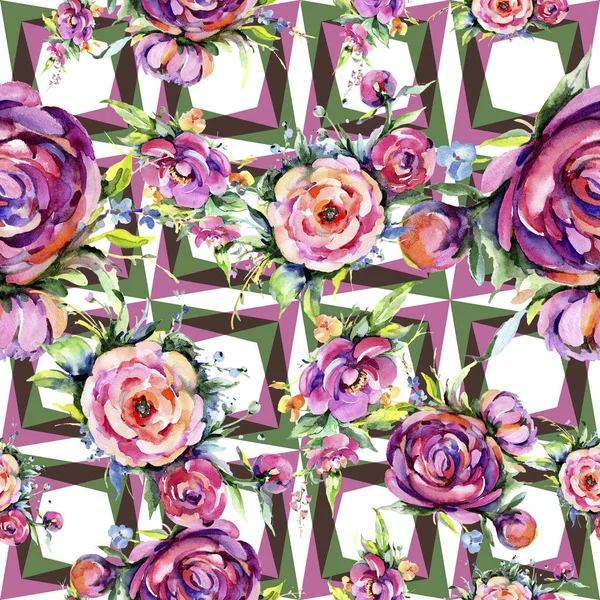 Suluboya buket pembe şakayık flowes. Botanik çiçek. Sorunsuz arka plan deseni.