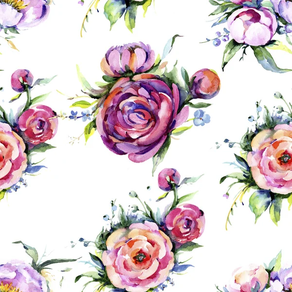 Suluboya buket pembe şakayık flowes. Botanik çiçek. Sorunsuz arka plan deseni.