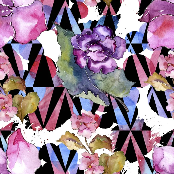 Pembe ve mor gardania. Botanik çiçek. Sorunsuz arka plan deseni. Kumaş duvar kağıdı yazdırma doku. Arka plan, doku, sarıcı desen, çerçeve veya kenarlık için Aquarelle kır çiçeği.