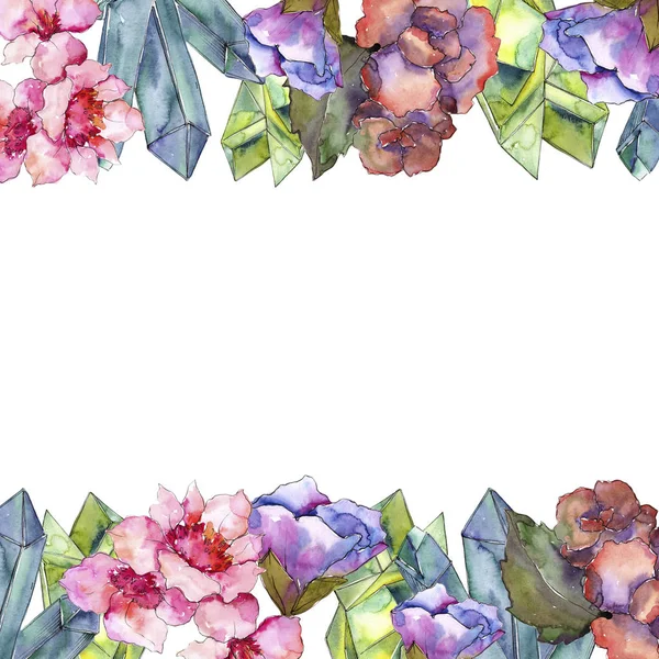 Pembe ve mor gardania. Botanik çiçek. Çerçeve kenarlığı süsleme Meydanı. Arka plan, doku, sarıcı desen, çerçeve veya kenarlık için Aquarelle kır çiçeği.