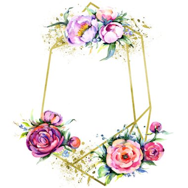 Suluboya buket pembe şakayık flowes. Botanik çiçek. Çerçeve kenarlığı süsleme Meydanı.