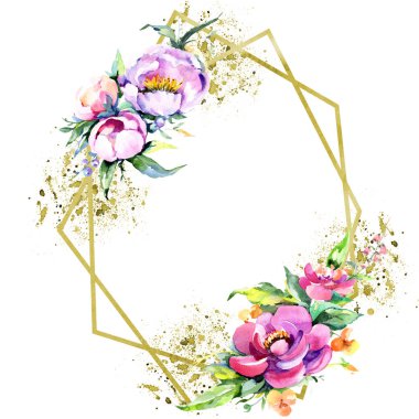 Suluboya buket pembe şakayık flowes. Botanik çiçek. Çerçeve kenarlığı süsleme Meydanı.