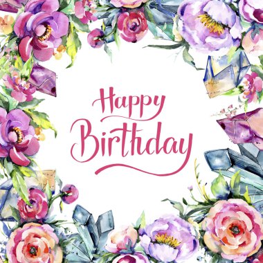 Suluboya buket pembe şakayık flowes. Botanik çiçek. Çerçeve kenarlığı süsleme Meydanı.