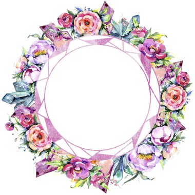 Suluboya buket pembe şakayık flowes. Botanik çiçek. Çerçeve kenarlığı süsleme Meydanı.