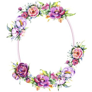 Suluboya buket pembe şakayık flowes. Botanik çiçek. Çerçeve kenarlığı süsleme Meydanı.