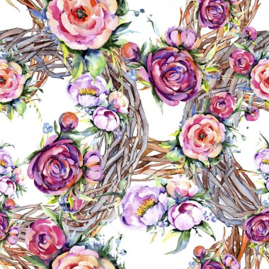 Suluboya buket pembe şakayık flowes. Botanik çiçek. Sorunsuz arka plan deseni.