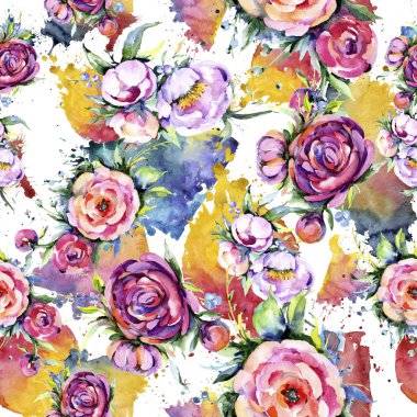 Suluboya buket pembe şakayık flowes. Botanik çiçek. Sorunsuz arka plan deseni.