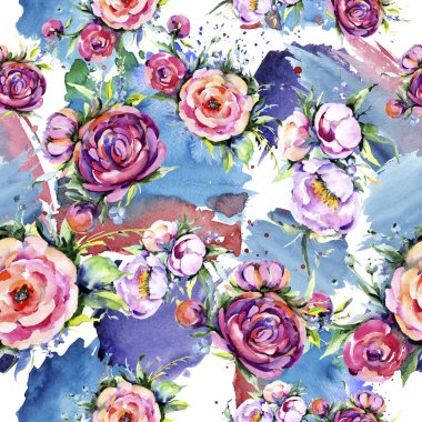 Suluboya buket pembe şakayık flowes. Botanik çiçek. Sorunsuz arka plan deseni.