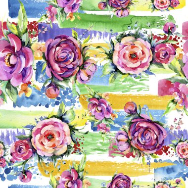 Suluboya buket pembe şakayık flowes. Botanik çiçek. Sorunsuz arka plan deseni.