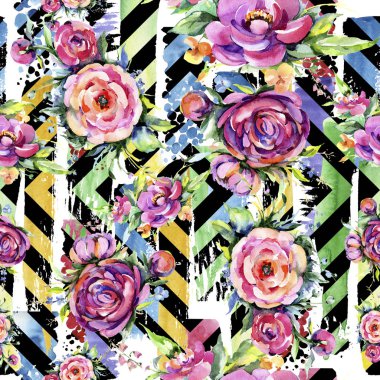 Suluboya buket pembe şakayık flowes. Botanik çiçek. Sorunsuz arka plan deseni.