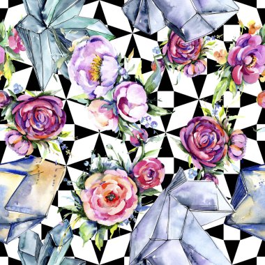 Suluboya buket pembe şakayık flowes. Botanik çiçek. Sorunsuz arka plan deseni.