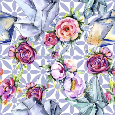 Suluboya buket pembe şakayık flowes. Botanik çiçek. Sorunsuz arka plan deseni.