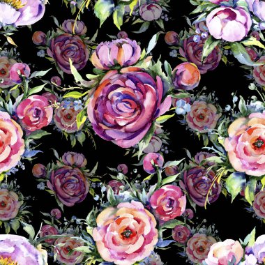 Suluboya buket pembe şakayık flowes. Botanik çiçek. Sorunsuz arka plan deseni.