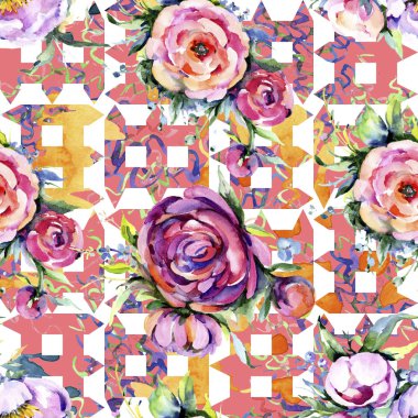 Suluboya buket pembe şakayık flowes. Botanik çiçek. Sorunsuz arka plan deseni.