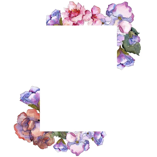 Gardania rosa e viola. Fiore botanico floreale. Quadrato ornamento bordo cornice . — Foto Stock