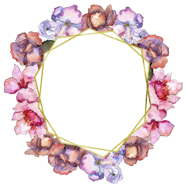 Gardania rosa e roxa. Floral flor botânica. Quadro borda ornamento quadrado . — Fotografia de Stock