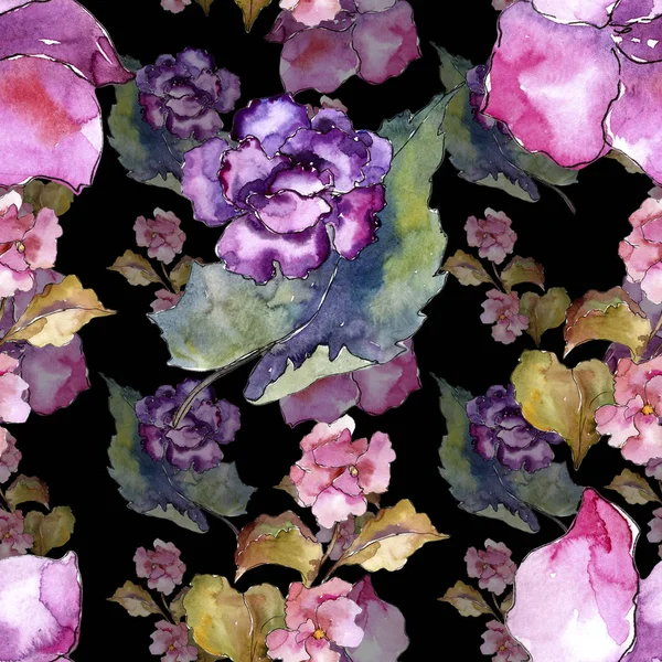 Pink and purple gardania. Floral botanical flower. Seamless background pattern.