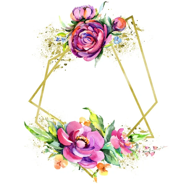 Buquê aquarela fluxos peônia rosa. Floral flor botânica. Quadro borda ornamento quadrado . — Fotografia de Stock