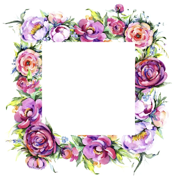 Ακουαρέλα ανθοδέσμη ροζ παιωνία Ανθοστολισμός. Floral βοτανικό λουλούδι. Πλαίσιο συνόρων στολίδι τετράγωνο. — Φωτογραφία Αρχείου