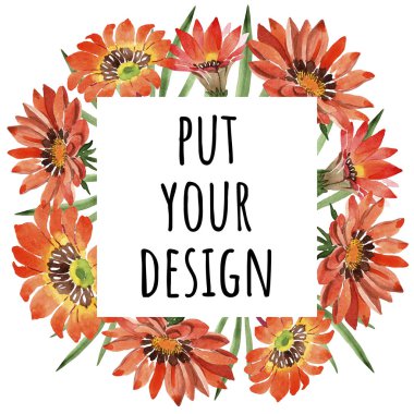 Sulu boya turuncu gazania çiçekler. Botanik çiçek. Çerçeve kenarlığı süsleme Meydanı.