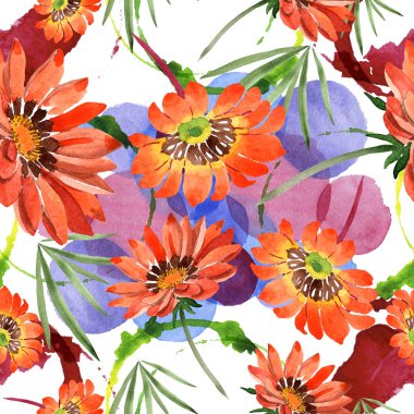 Sulu boya turuncu gazania çiçekler. Botanik çiçek. Sorunsuz arka plan deseni.