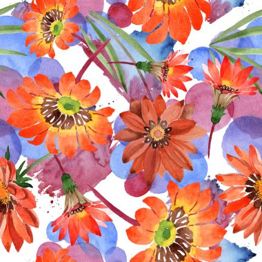 Sulu boya turuncu gazania çiçekler. Botanik çiçek. Sorunsuz arka plan deseni.