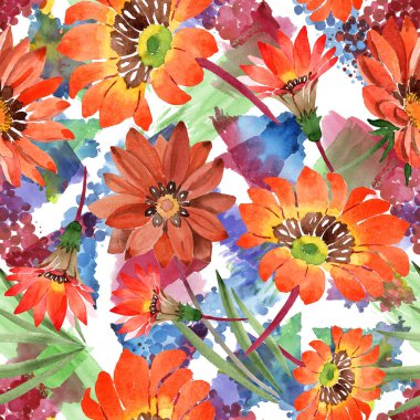 Sulu boya turuncu gazania çiçekler. Botanik çiçek. Sorunsuz arka plan deseni.