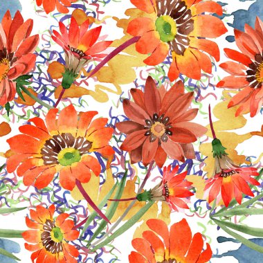 Sulu boya turuncu gazania çiçekler. Botanik çiçek. Sorunsuz arka plan deseni.