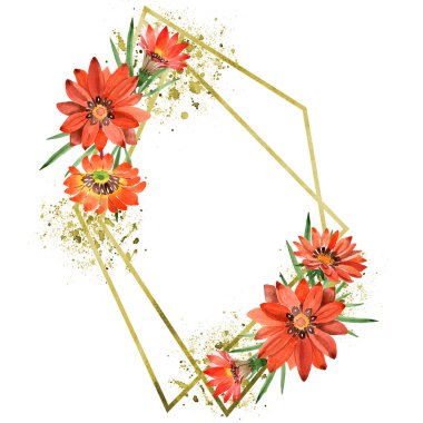 Sulu boya turuncu gazania çiçekler. Botanik çiçek. Çerçeve kenarlığı süsleme Meydanı. Arka plan, doku, sarıcı desen, çerçeve veya kenarlık için Aquarelle kır çiçeği.