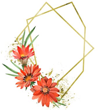 Sulu boya turuncu gazania çiçekler. Botanik çiçek. Çerçeve kenarlığı süsleme Meydanı. Arka plan, doku, sarıcı desen, çerçeve veya kenarlık için Aquarelle kır çiçeği.