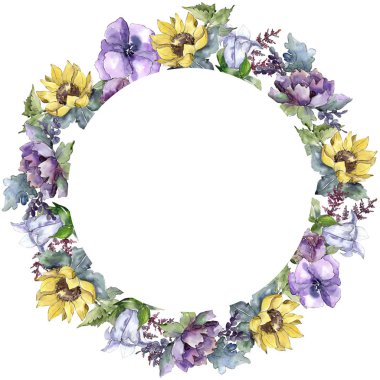 Suluboya buket çiçek. Botanik çiçek. Çerçeve kenarlığı süsleme Meydanı. Bitki tam adı: ayçiçeği, şakayık, keten. Arka plan, doku, çerçeve veya kenarlık Aquarelle kır çiçeği.