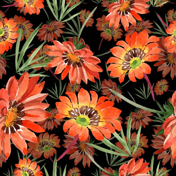 Sulu boya turuncu gazania çiçekler. Botanik çiçek. Sorunsuz arka plan deseni. — Stok fotoğraf