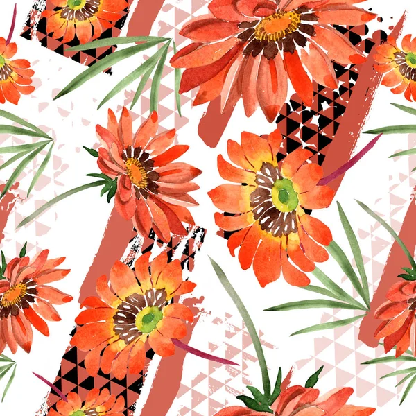 수채화 오렌지 gazania 꽃입니다. 꽃 식물 꽃입니다. 원활한 배경 패턴. — 스톡 사진