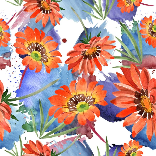 Sulu boya turuncu gazania çiçekler. Botanik çiçek. Sorunsuz arka plan deseni.