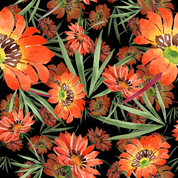 Akvarell orange gazania blommor. Blommig botaniska blomma. Sömlös bakgrundsmönster. — Stockfoto