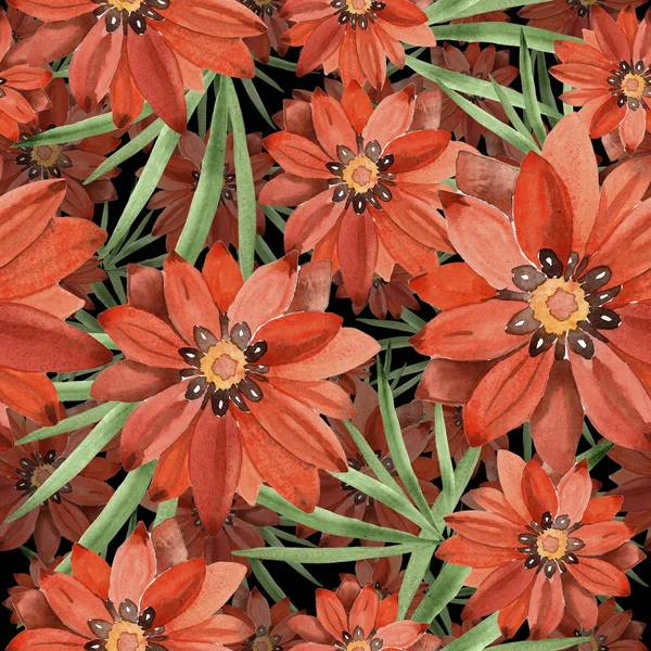 Akvarell orange gazania blommor. Blommig botaniska blomma. Sömlös bakgrundsmönster. — Stockfoto