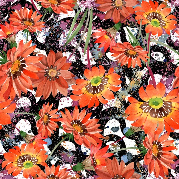 Gazánie akvarel oranžové květy. Květinové botanické květin. Vzor bezešvé pozadí. — Stock fotografie