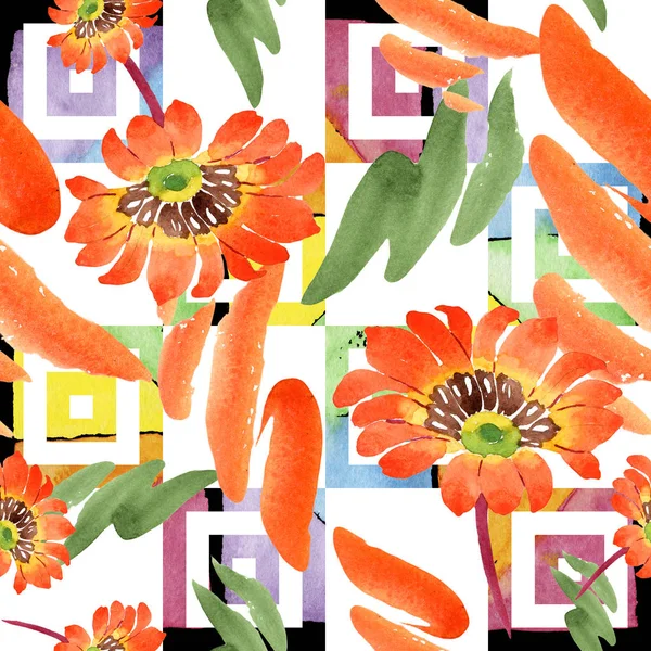 Ακουαρέλα gazania πορτοκαλί λουλούδια. Floral βοτανικό λουλούδι. Απρόσκοπτη υπόβαθρο μοτίβο. — Φωτογραφία Αρχείου