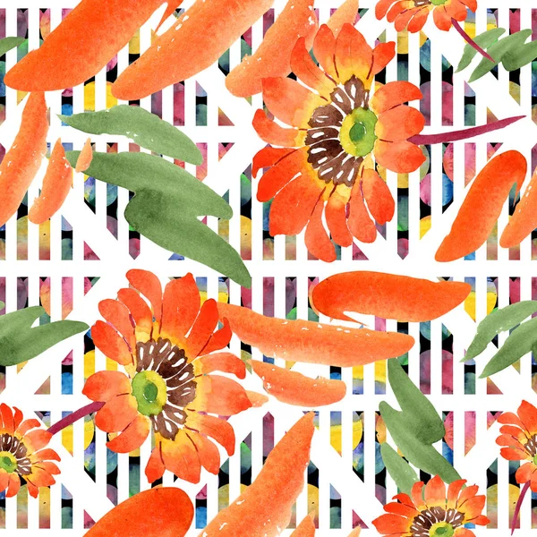 Sulu boya turuncu gazania çiçekler. Botanik çiçek. Sorunsuz arka plan deseni. — Stok fotoğraf